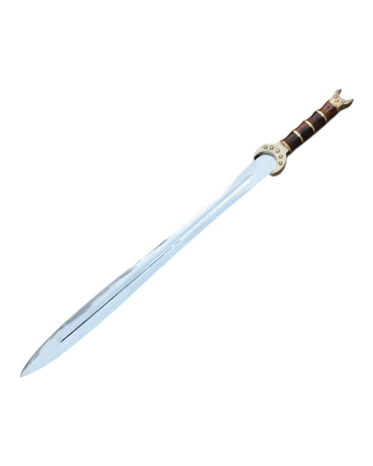Sword with a decorative hilt on a white background
