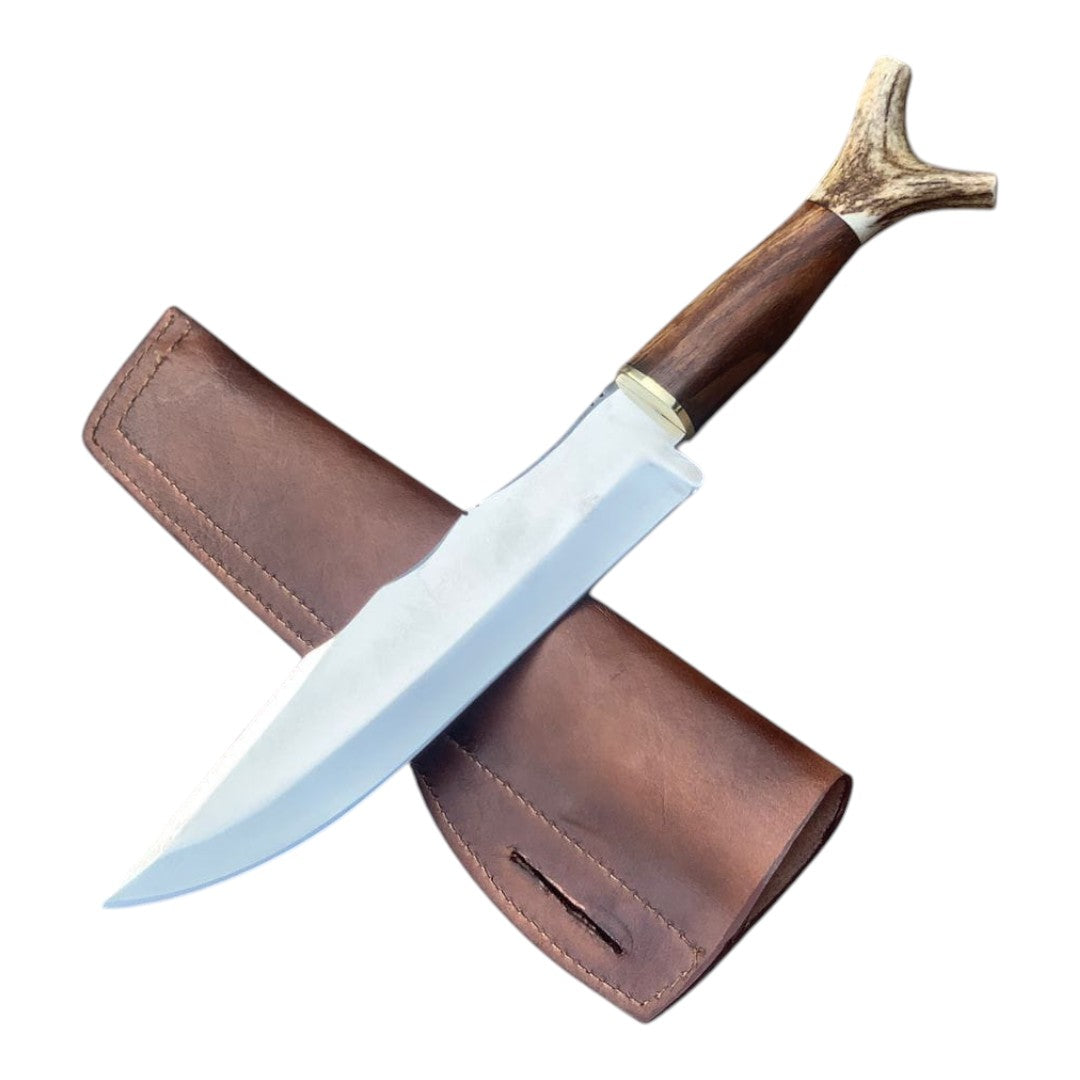 Knife with wooden handle and leather sheath on a white background