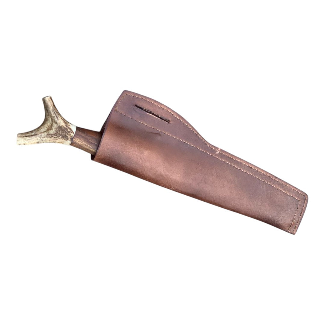 Brown leather knife sheath on a white background