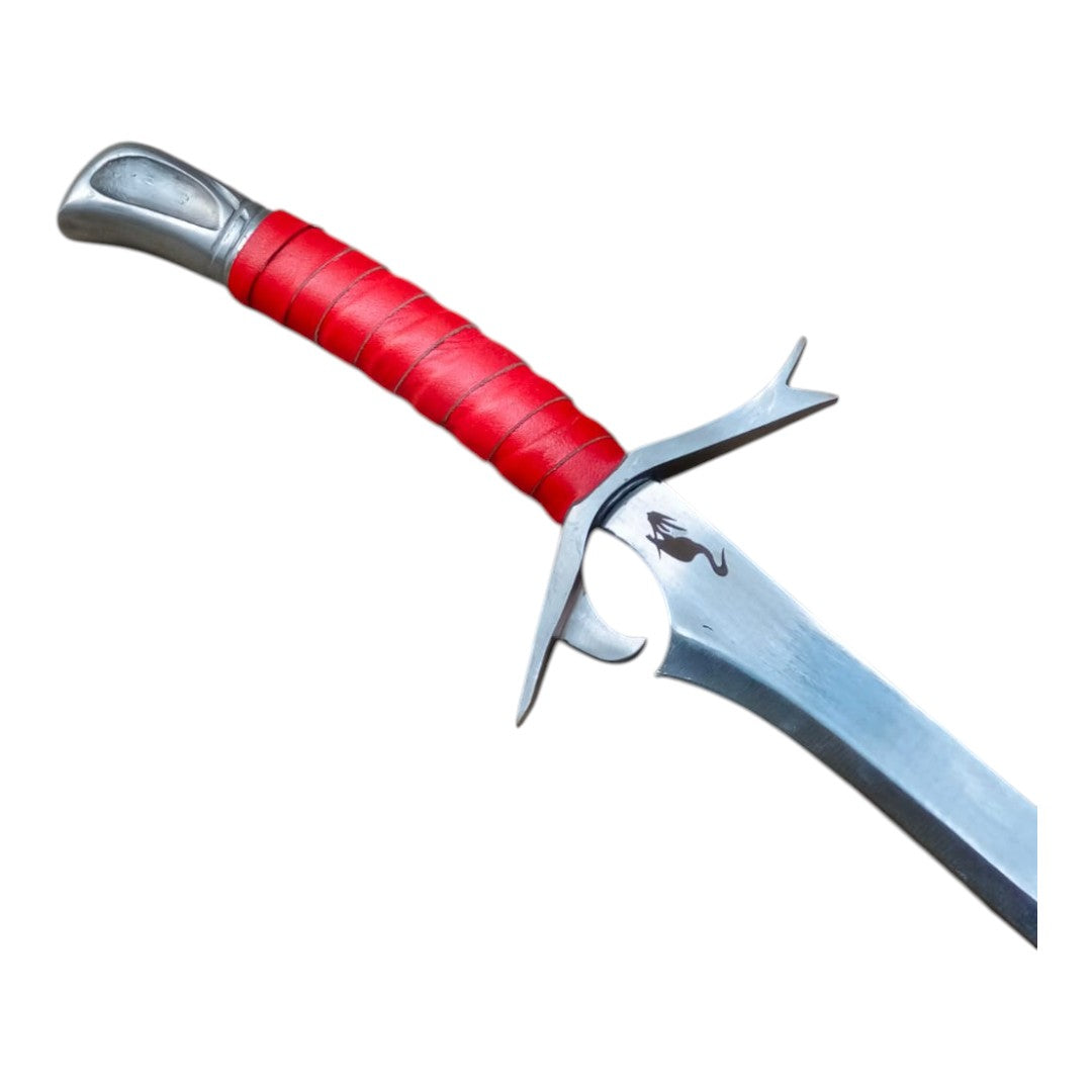 Sword with red handle and silver blade on a white background