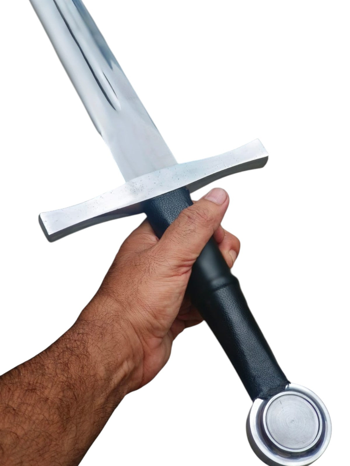Hand holding a sword with a white background