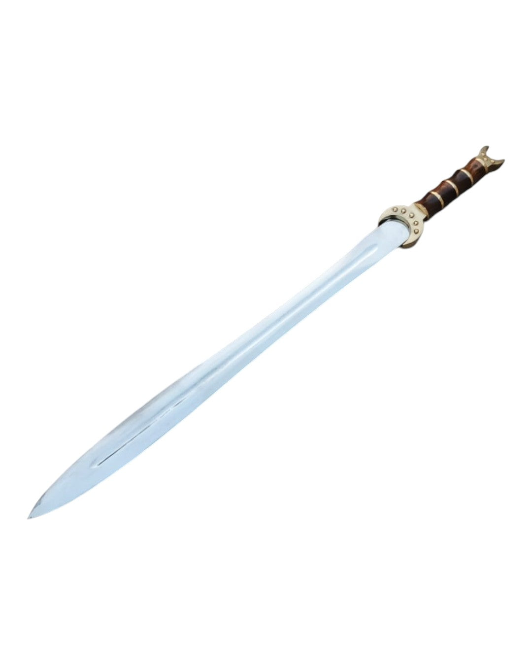 Sword with a light blue blade and brown handle on a white background