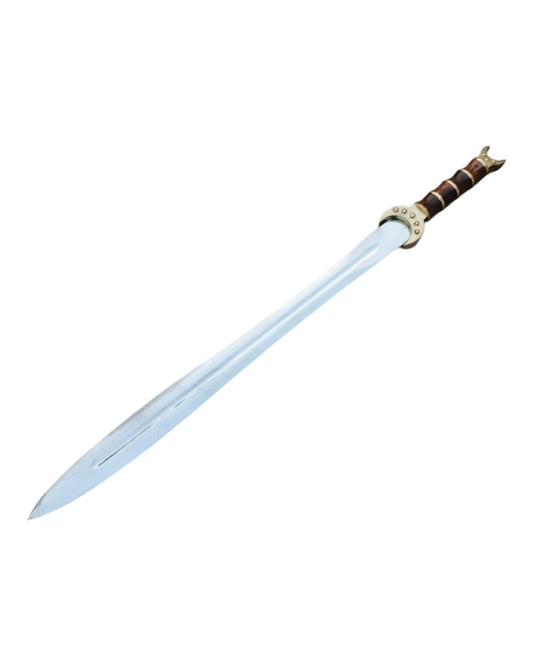 Sword with a light blue blade and brown handle on a white background