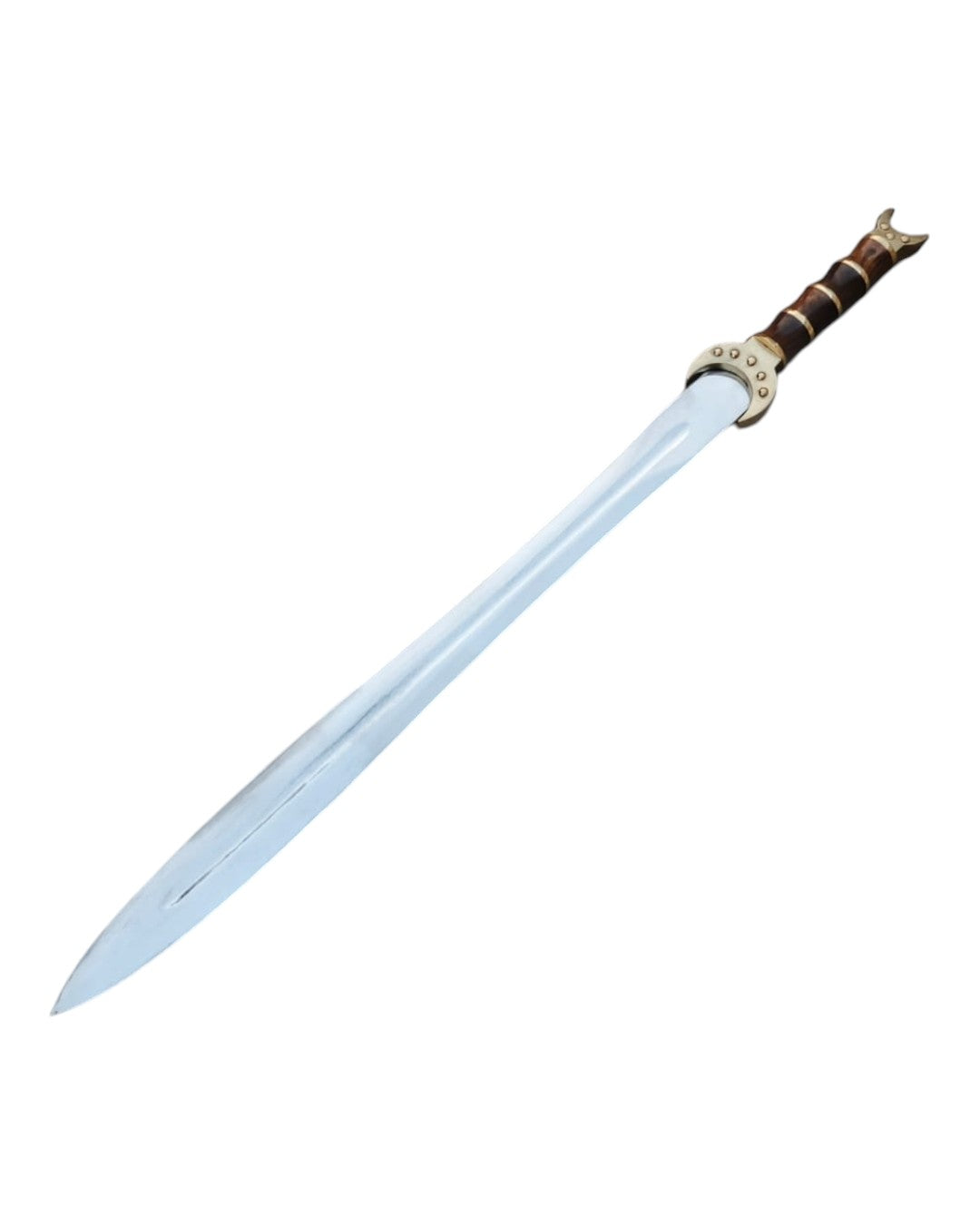 Sword with a blue blade and brown hilt on a white background
