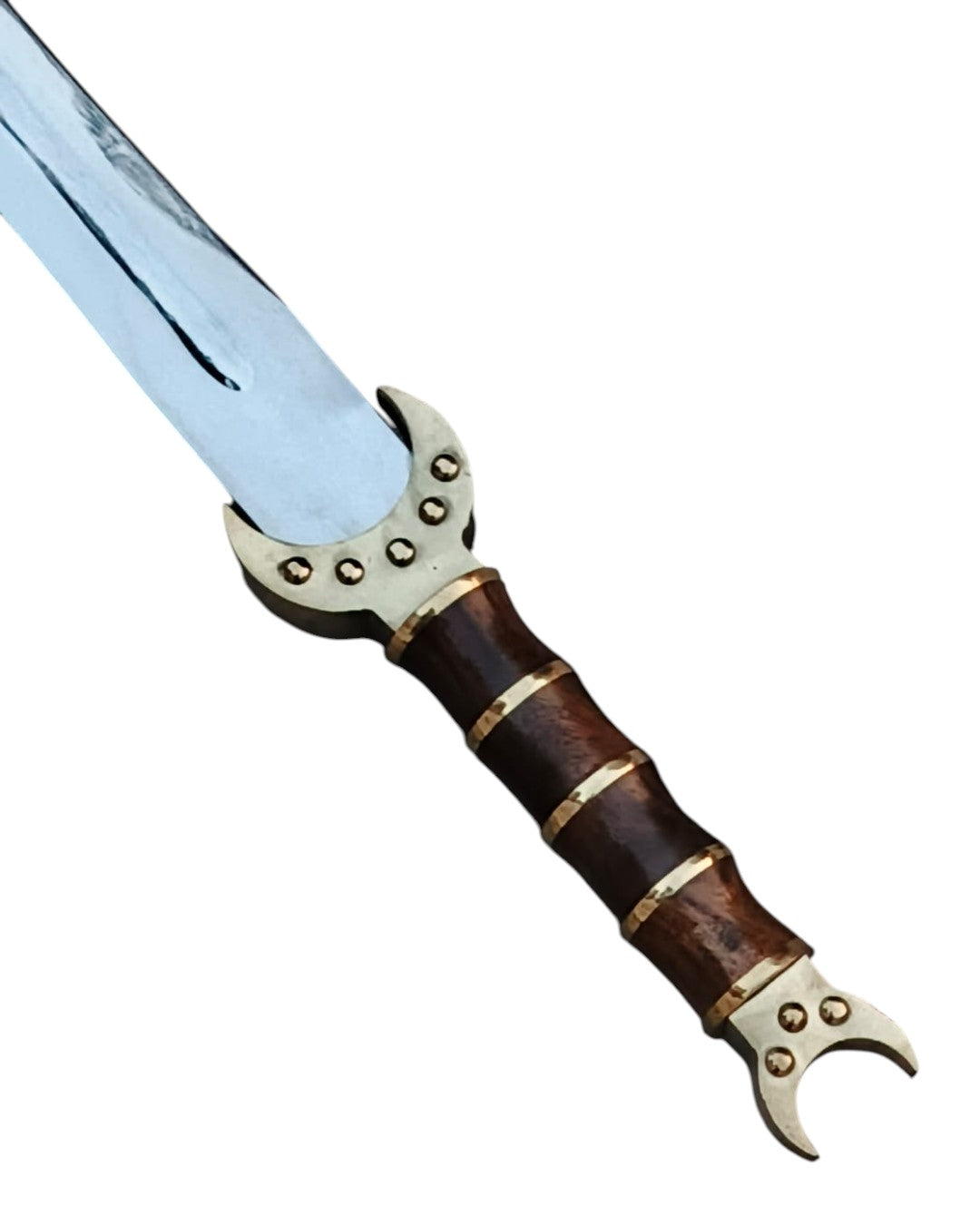 Decorative sword with a wooden handle and metal accents on a white background