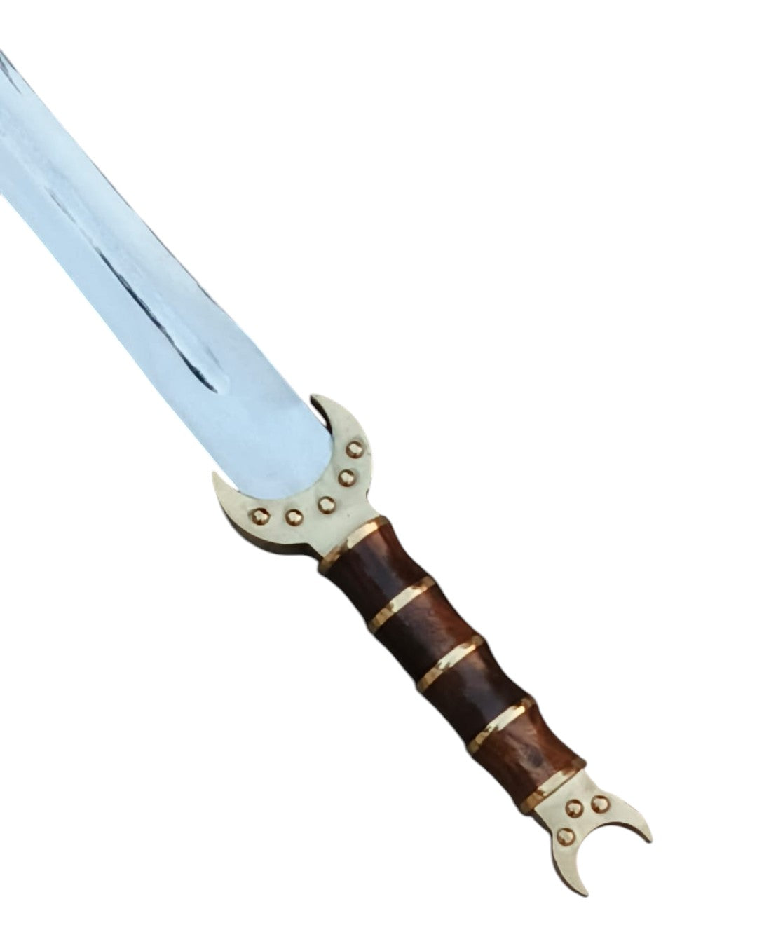 Decorative sword with a wooden handle and metal accents on a white background