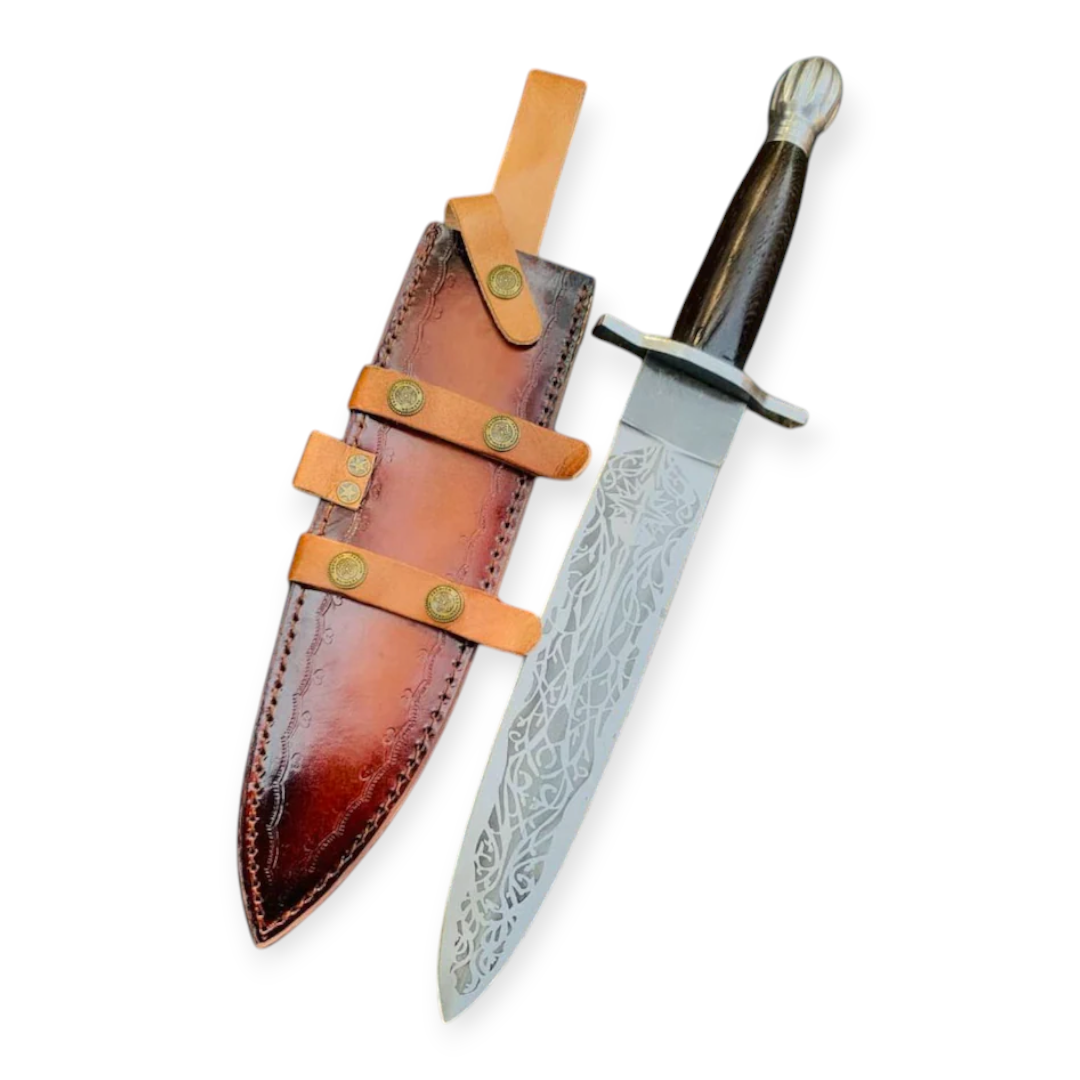 Decorative dagger with a leather sheath on a white background