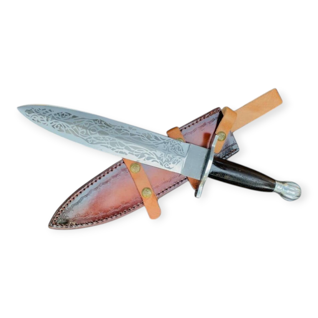 Decorative dagger with ornate blade and sheath on a white background
