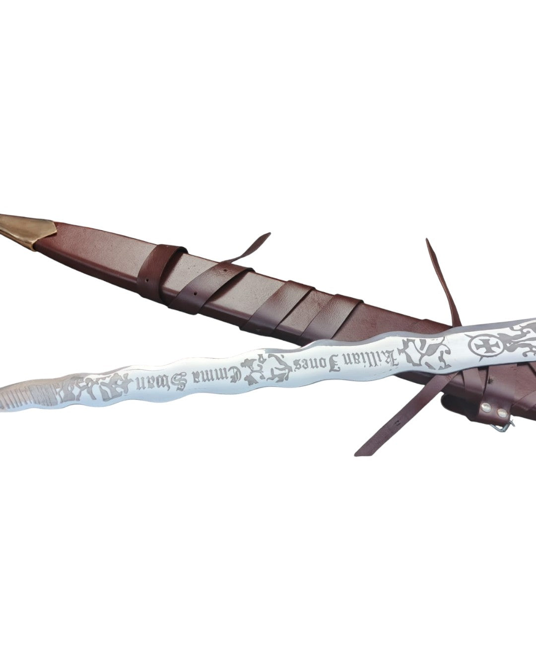 Decorative sword with a detailed blade on a white background