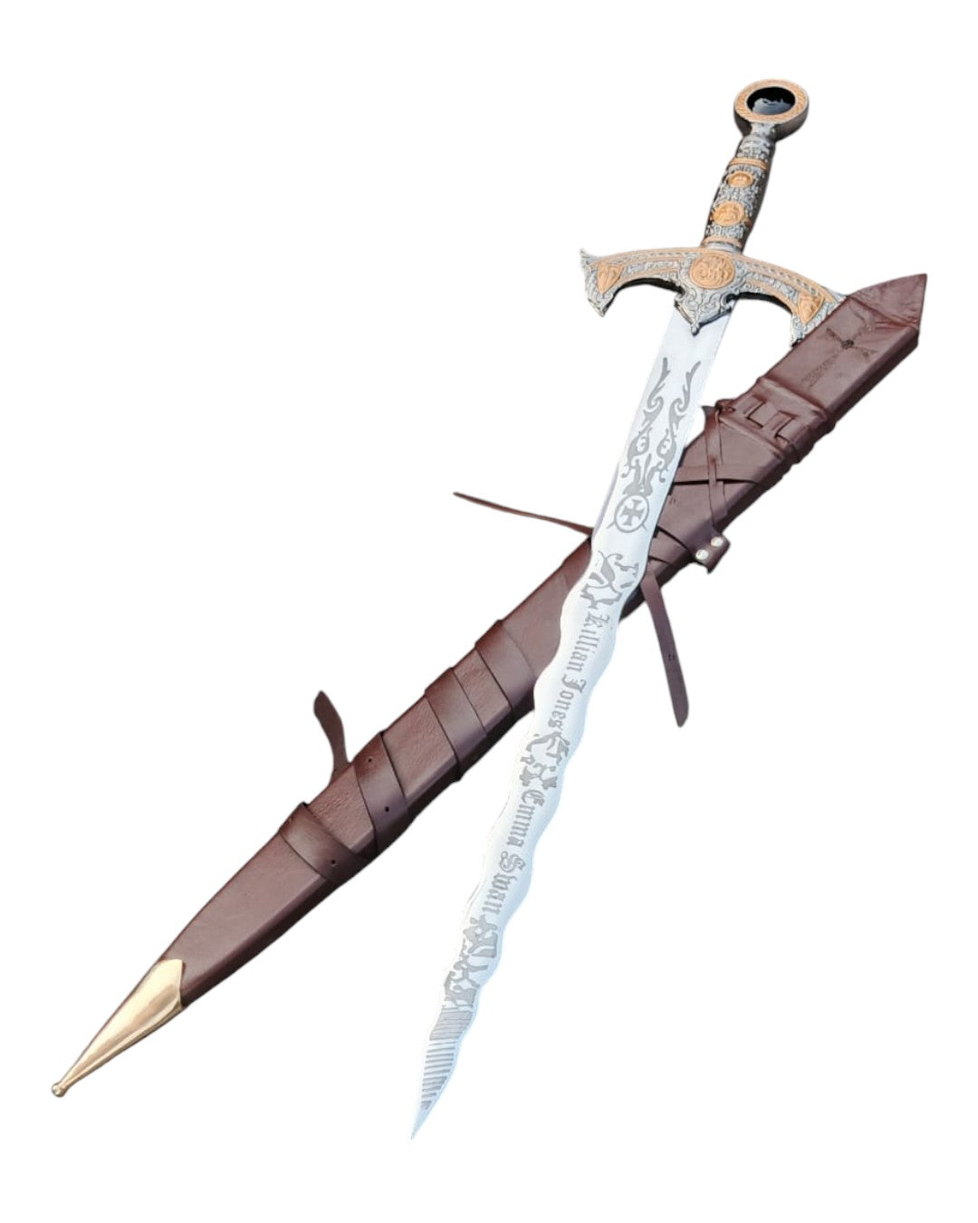 Decorative sword with a brown sheath on a white background