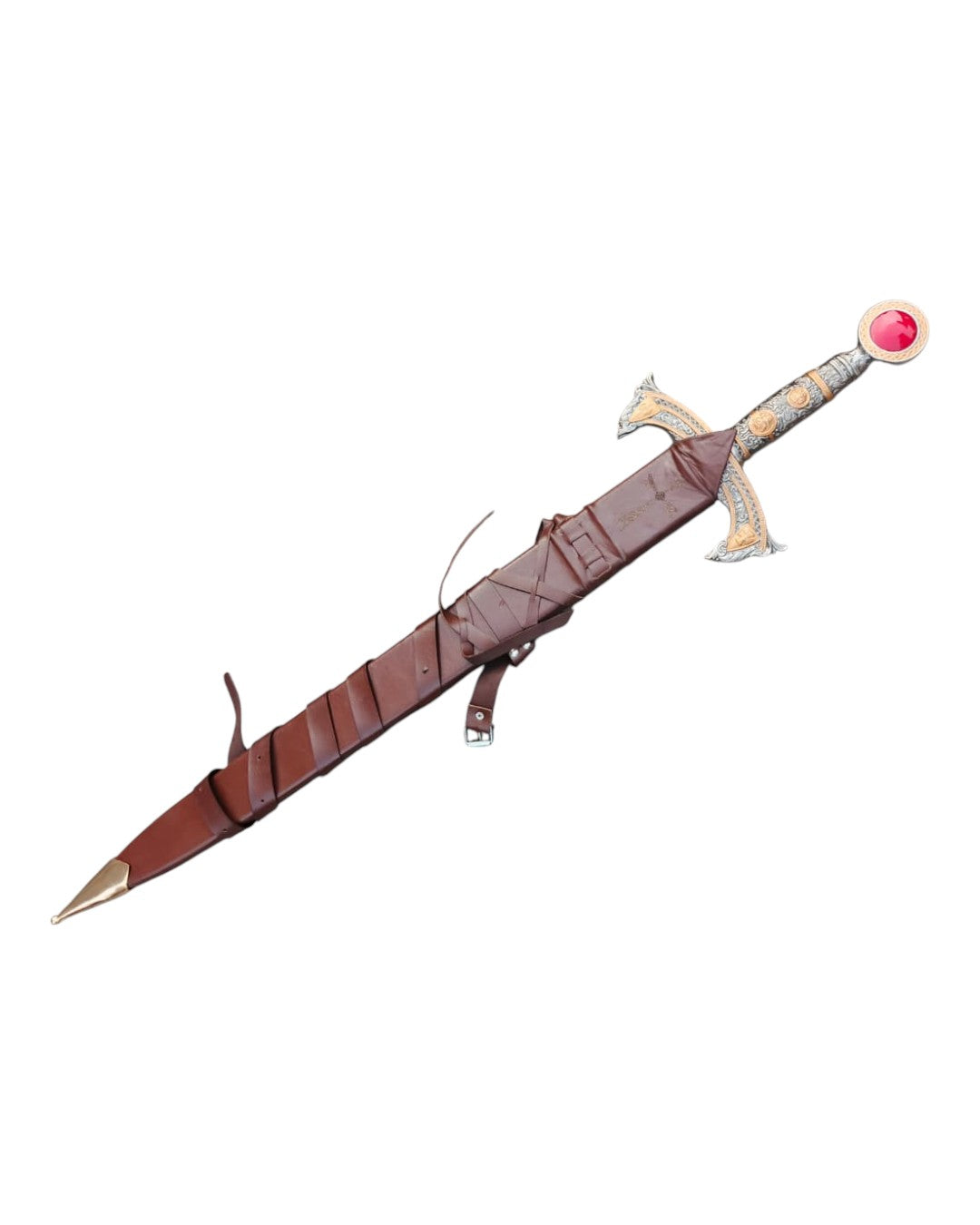 Decorative sword with a brown sheath on a white background