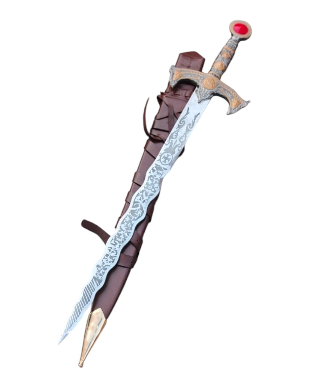 Decorative sword with a brown sheath on a white background