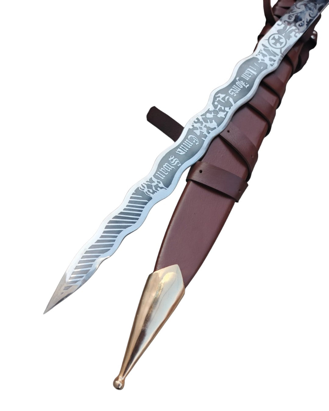 Decorative dagger with a detailed blade and brown sheath on a white background