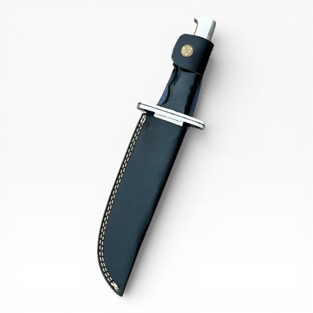 Blue leather knife sheath with silver clip on a white background