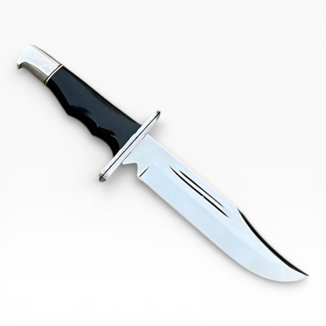 Knife with a black handle and silver blade on a white background