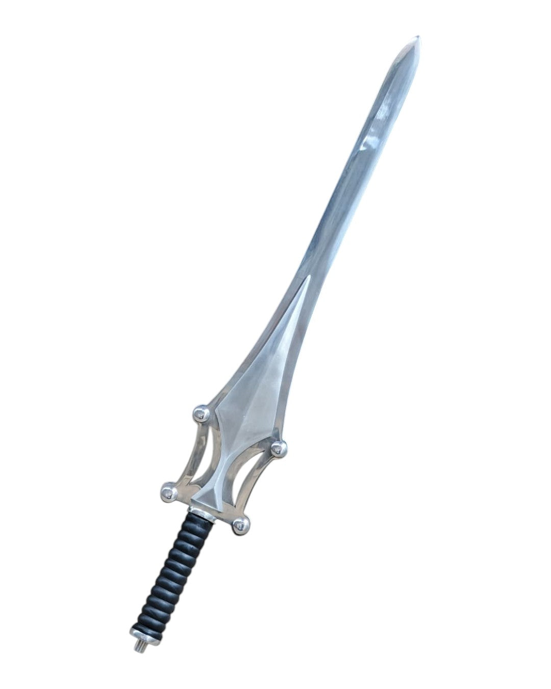 Silver sword with a black handle on a white background