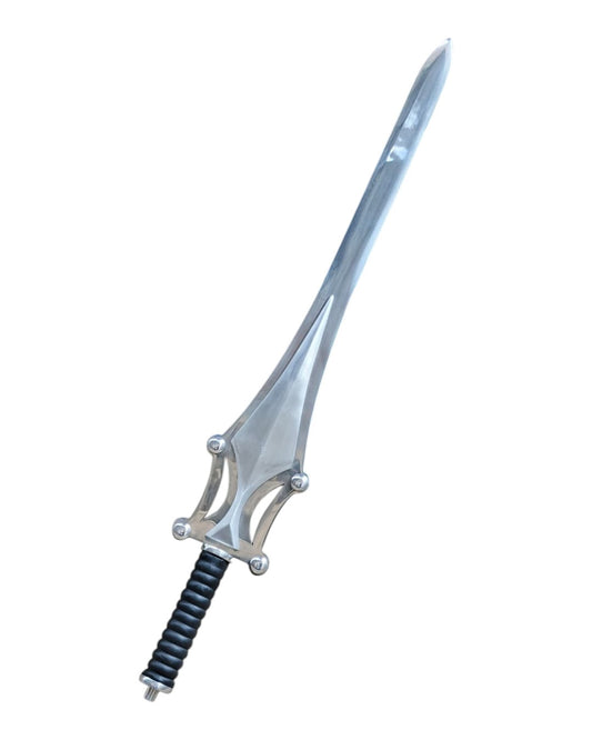 Silver sword with a black handle on a white background