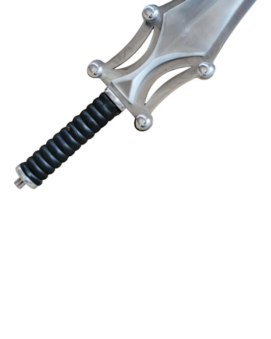 Decorative sword with a black handle on a white background