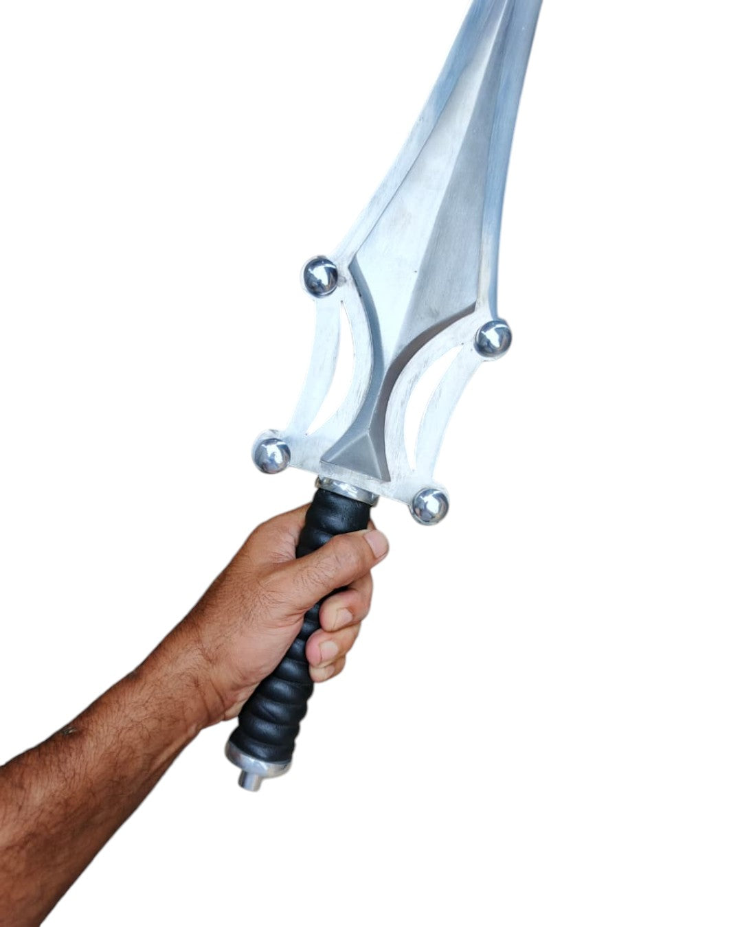 Hand holding a sword with a white background