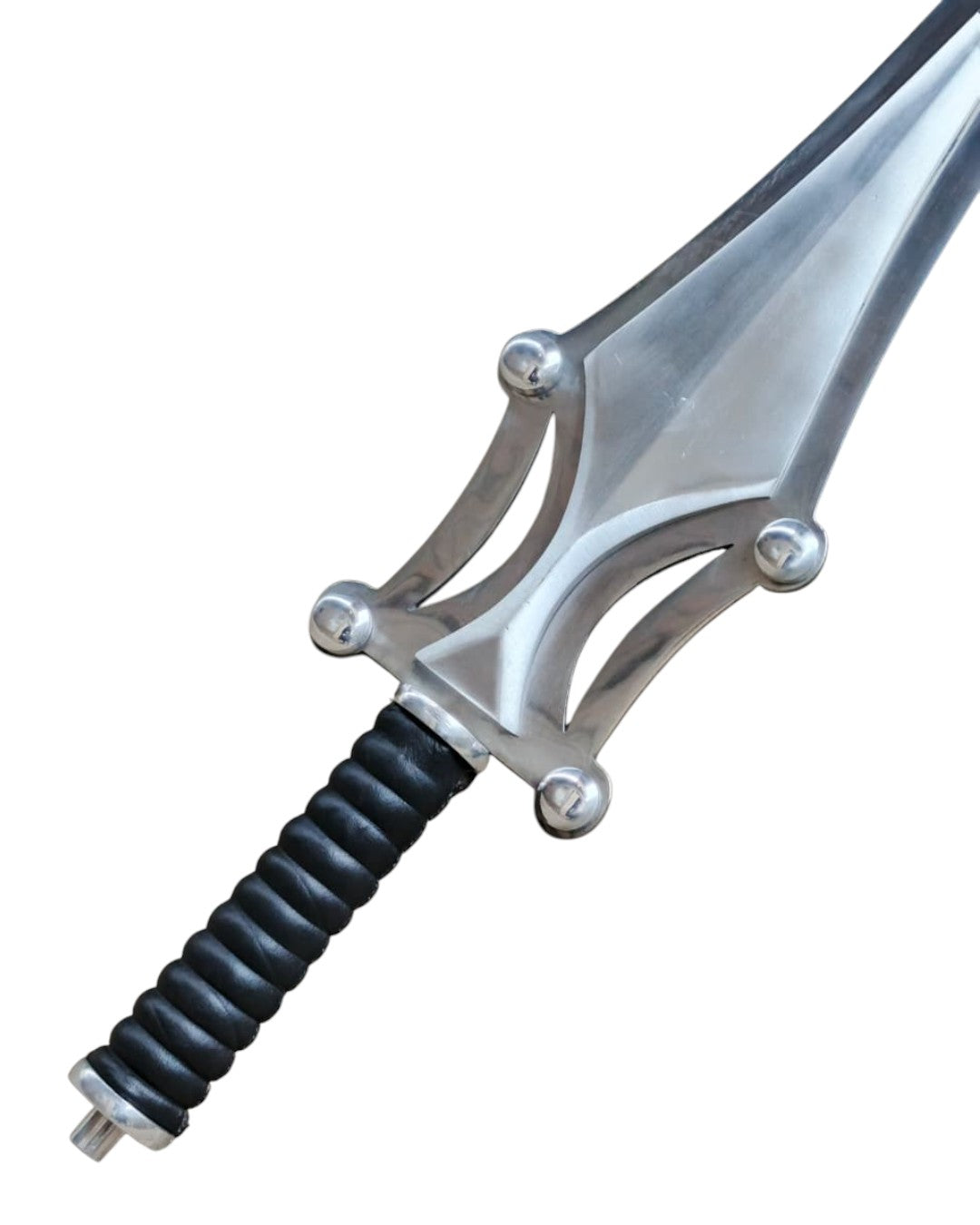Decorative sword with a black handle on a white background