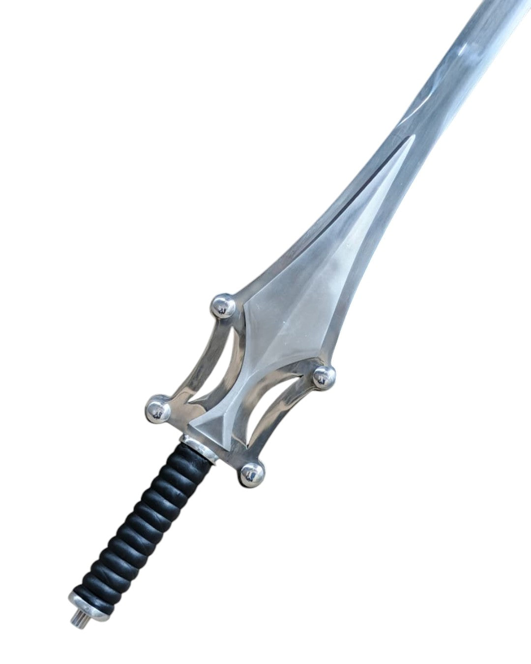 Silver sword with a black handle on a white background