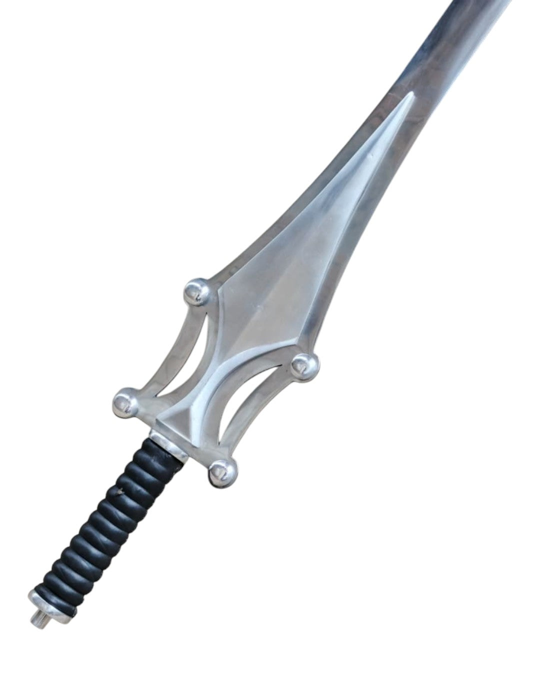 Silver sword with a black handle on a white background