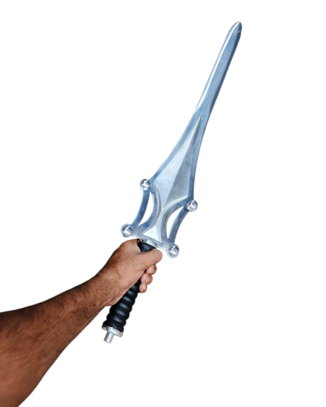 Hand holding a sword with a white background
