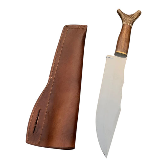 Knife with wooden handle and leather sheath on a white background