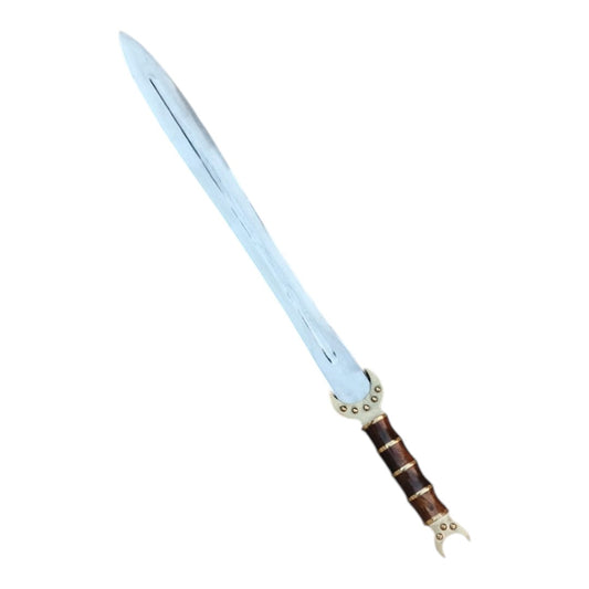Light blue sword with a decorative brown handle on a white background