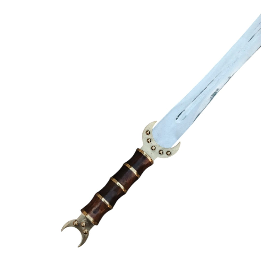 Sword with a wooden handle and decorative elements on a white background