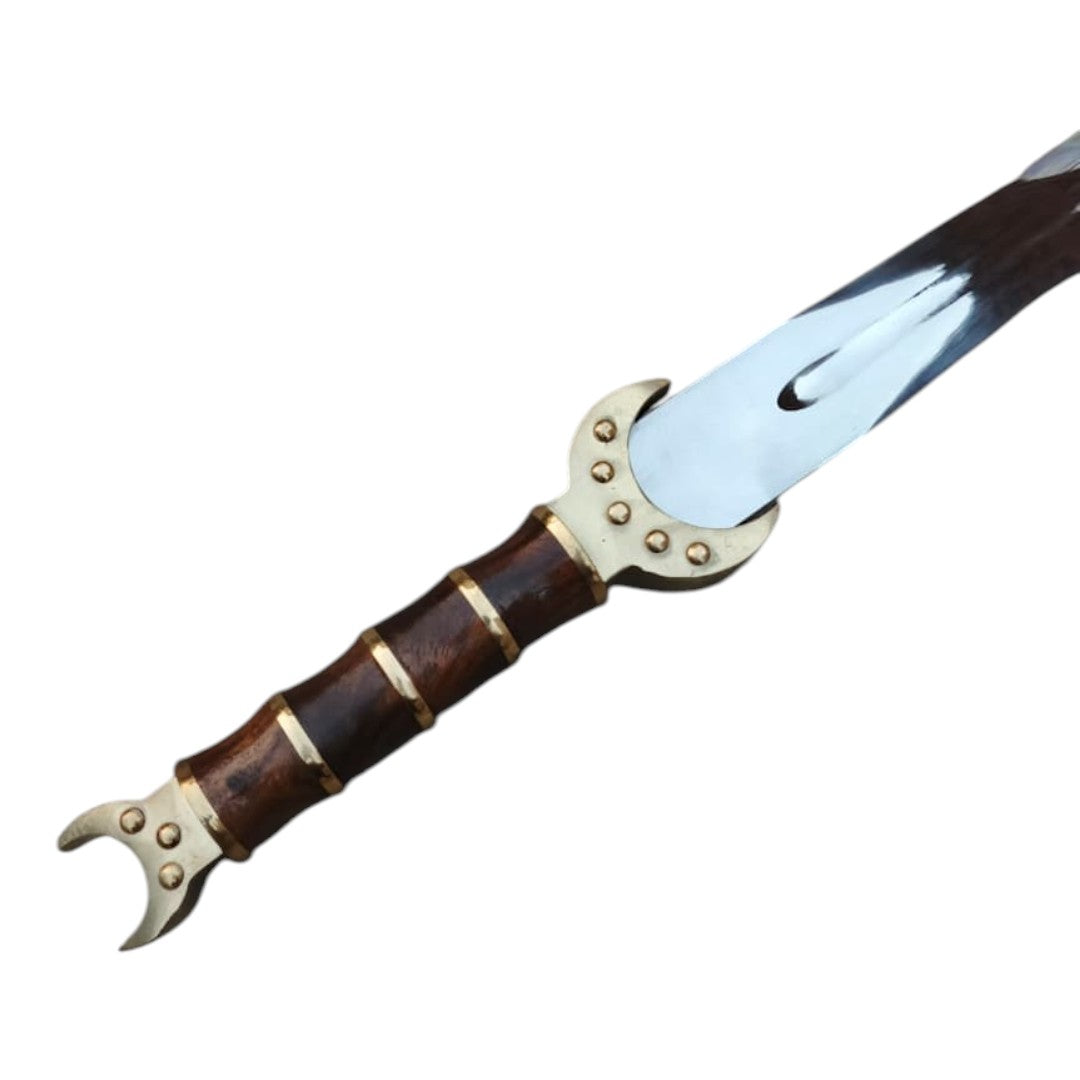 Decorative sword with a wooden handle and metal accents on a white background