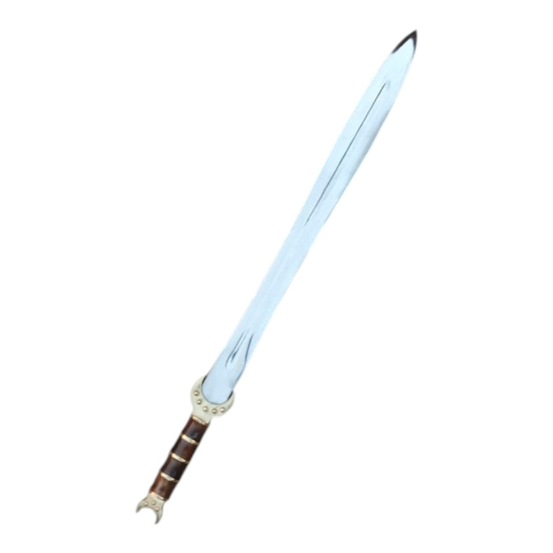 Sword with a light blue blade and dark handle on a white background