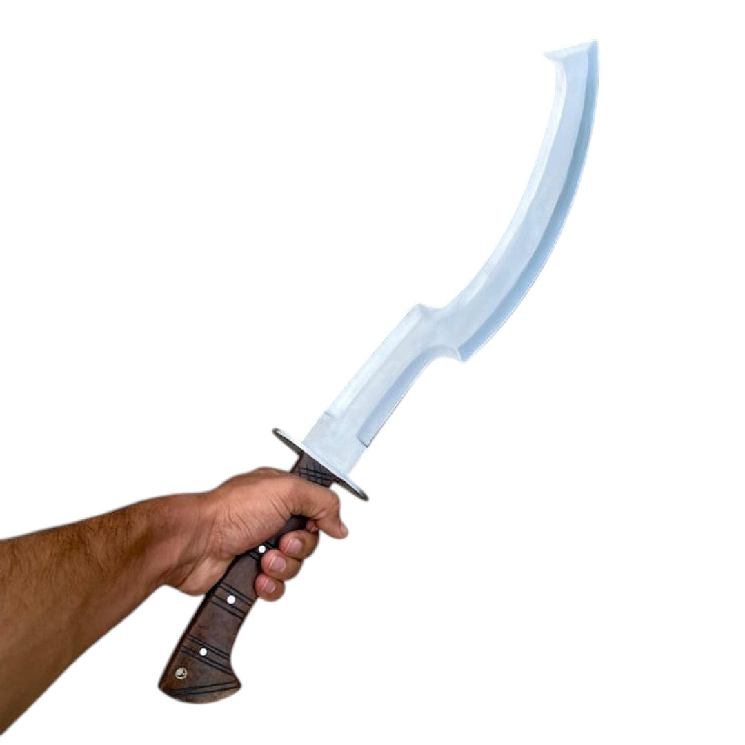 Hand holding a sword with a blue blade and brown handle on a white background