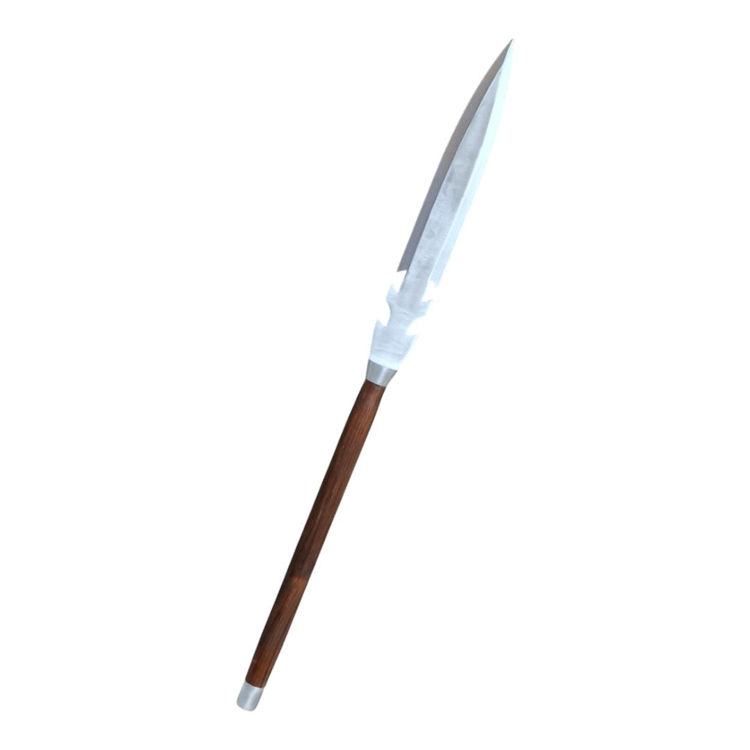 Spear with wooden handle and metallic spearhead on a white background