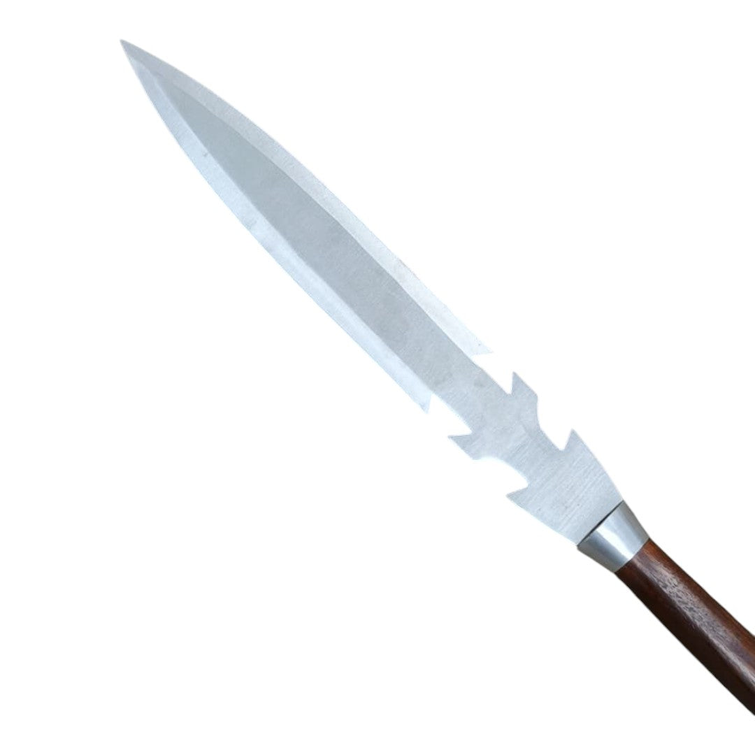 Long spear with a metallic blade and wooden handle on a white background