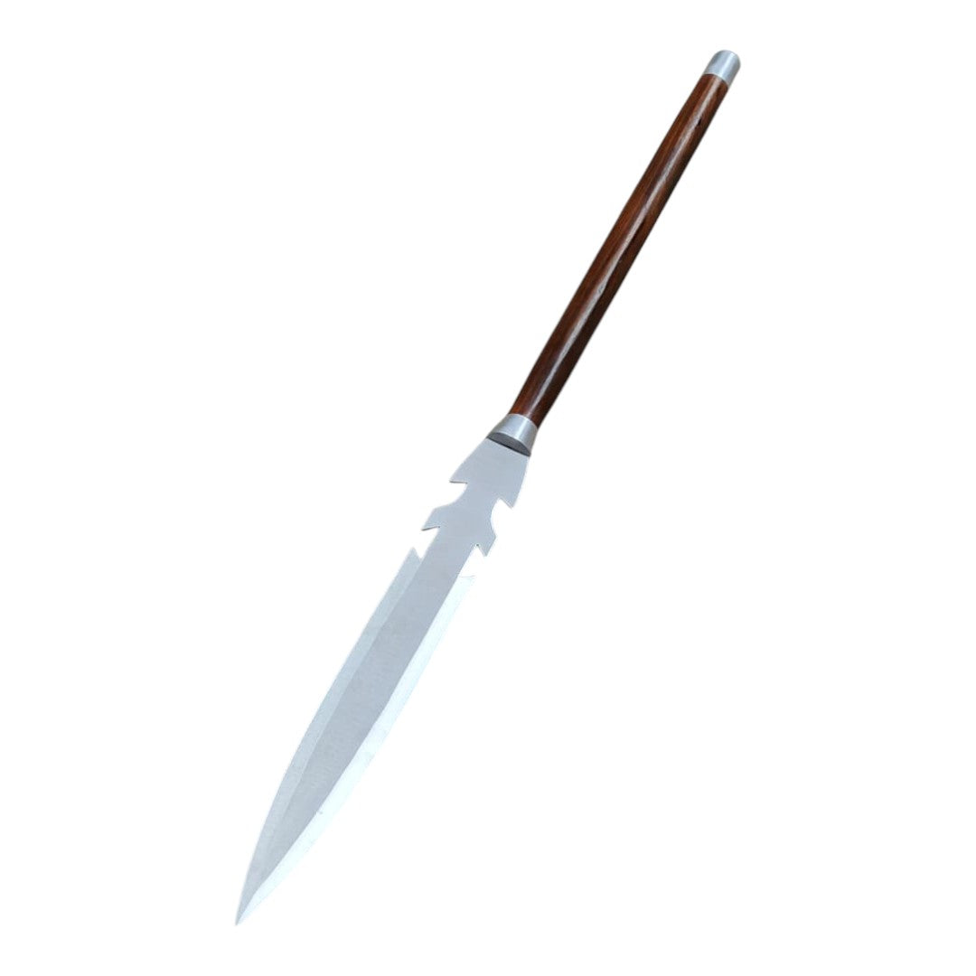 Long spear with wooden handle on a white background