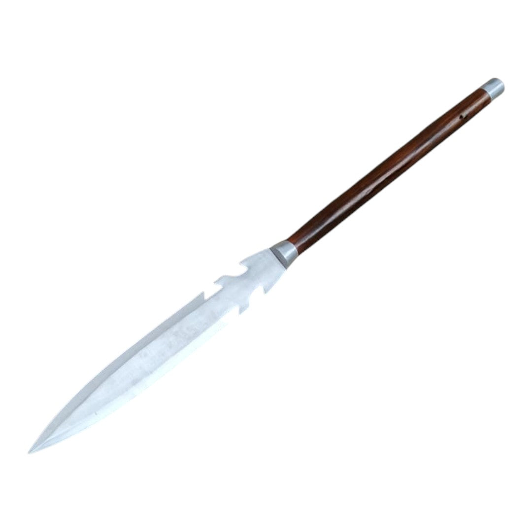 Long spear with wooden handle on a white background
