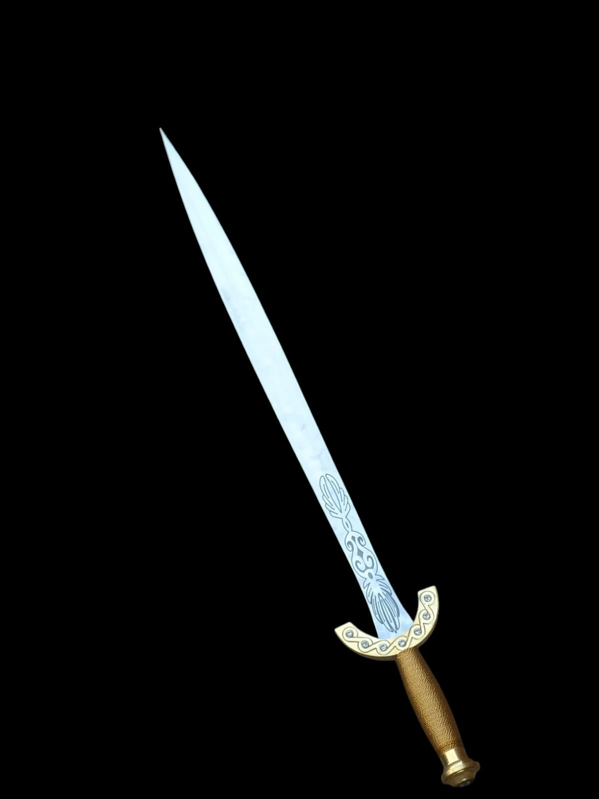 Decorative sword with a gold handle on a black background