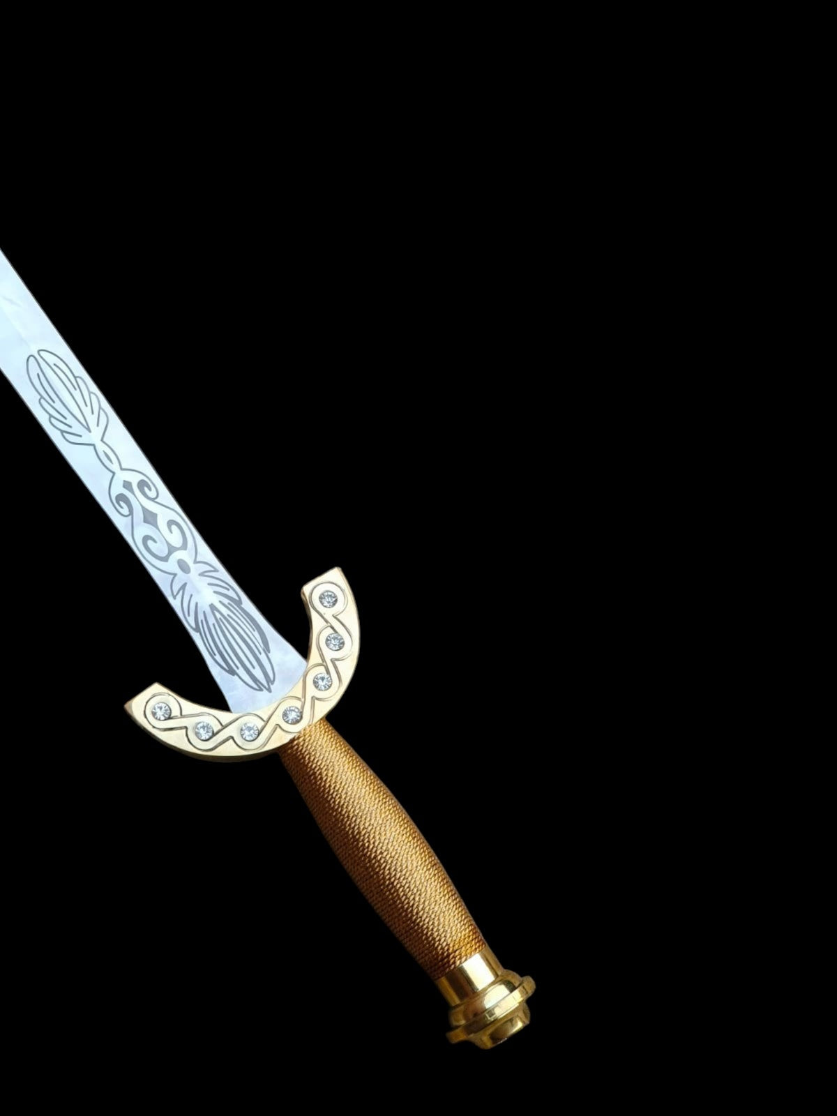 Decorative sword with gold hilt and blue blade on a black background