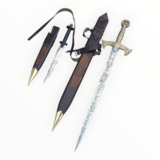 Set of fantasy swords with detailed handles and sheaths on a white background