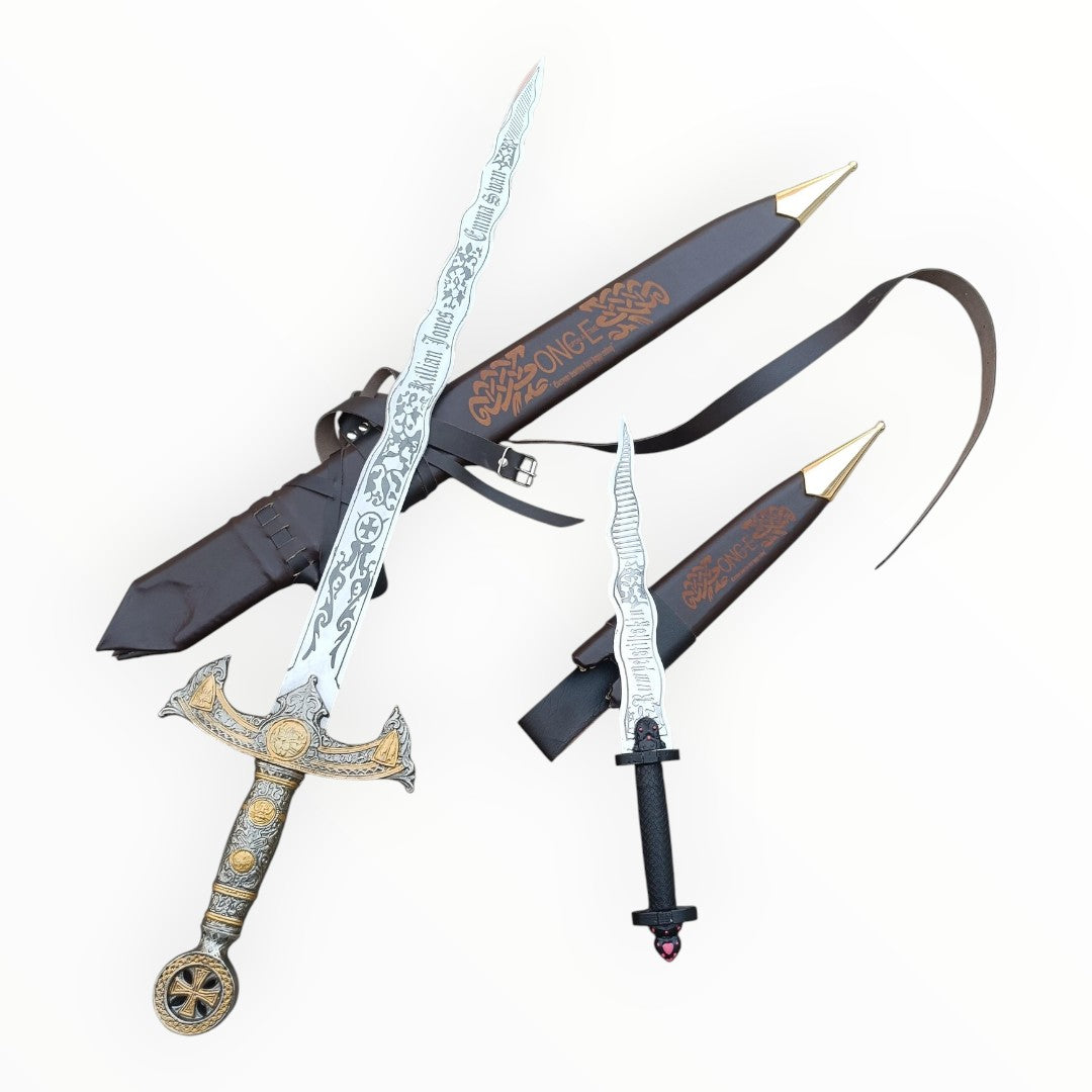 Decorative swords with ornate handles on a white background