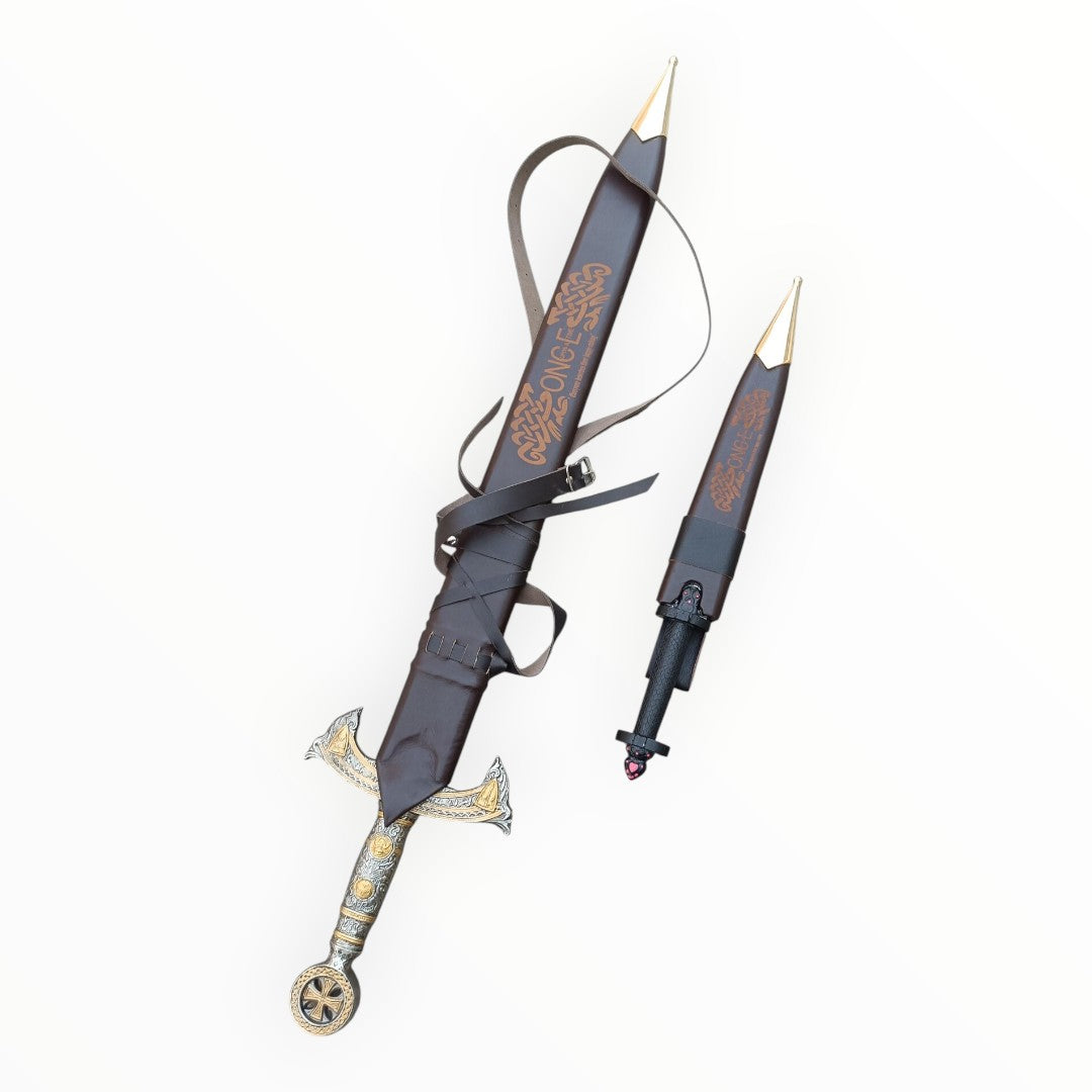 Decorative sword with ornate handle and sheath on a white background
