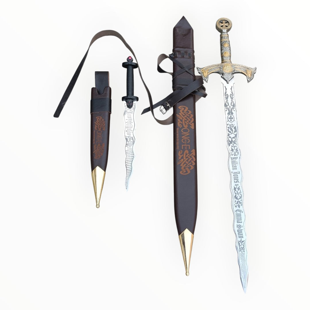 Two swords with ornate sheaths on a white background
