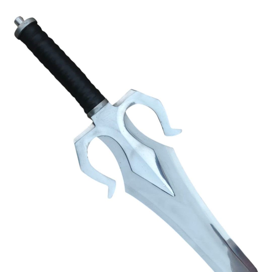 White fantasy sword with black handle on a white background
