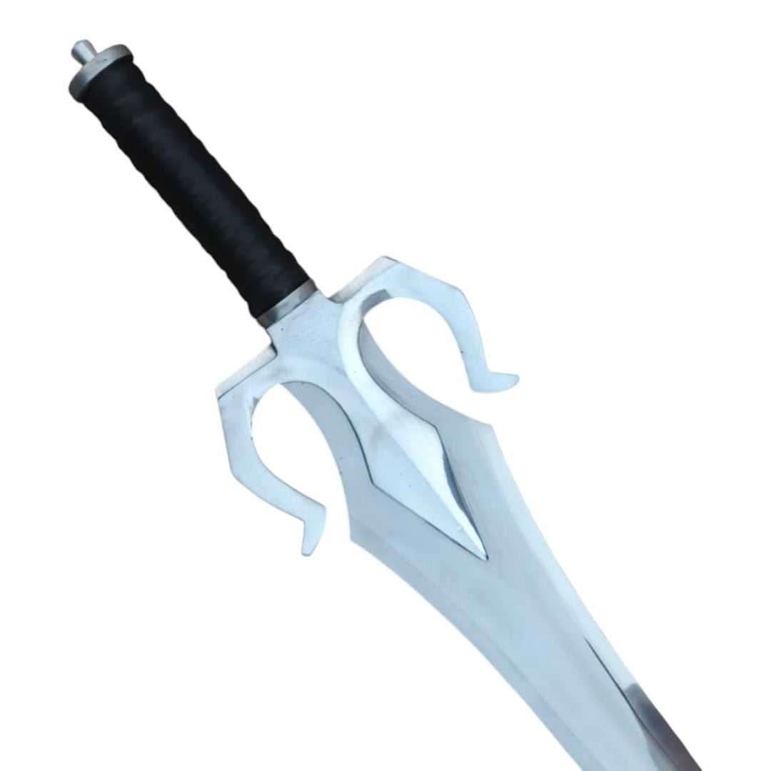 White fantasy sword with a black handle on a white background