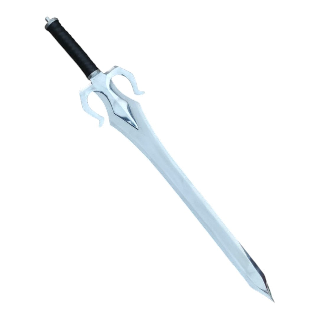 White sword with black handle on a white background
