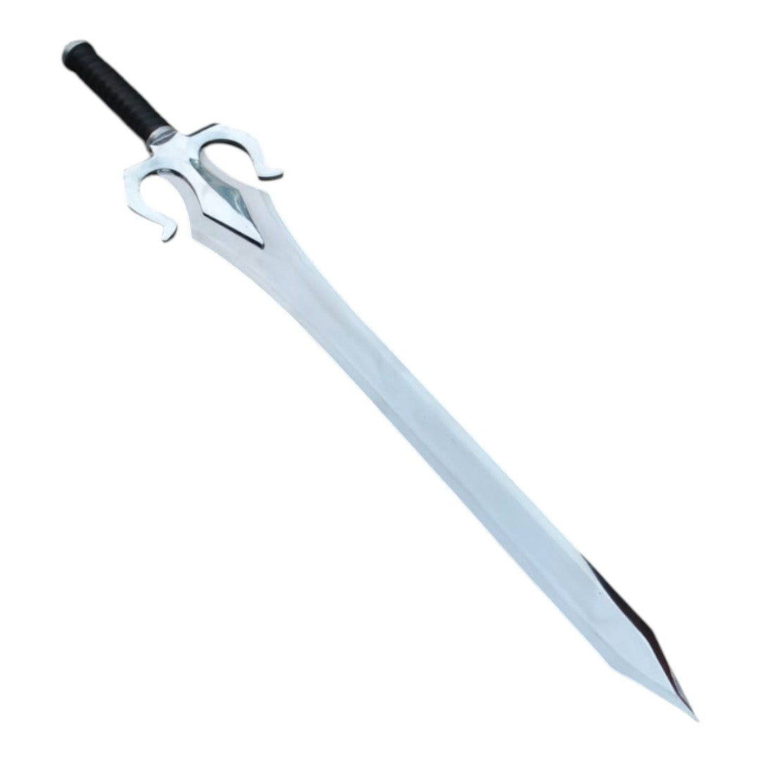 Decorative sword with a silver blade and black handle on a white background