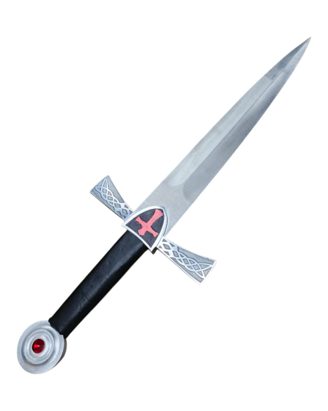 Decorative sword with a black handle and silver blade on a white background