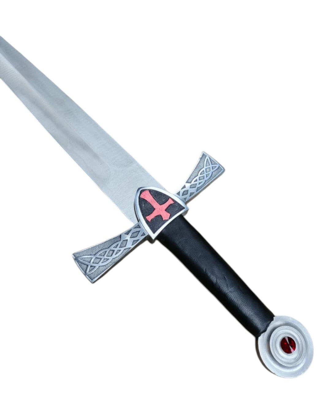 Decorative sword with a silver blade and black handle on a white background